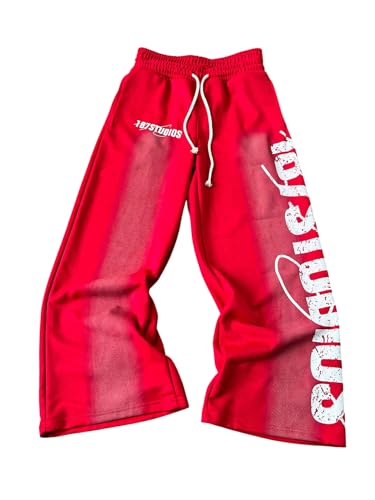Men's Wide Leg Baggy Sweatpants Letter Graphic Distressed Drawstring Jogging Pants