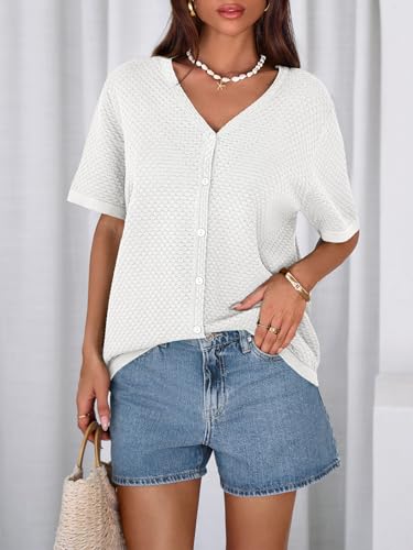 Image of NALANISA Women's Short Sleeve Sweater Spring Summer Crochet Knit Tops 2026 V Neck Striped Button Down Dressy Casual Blouses