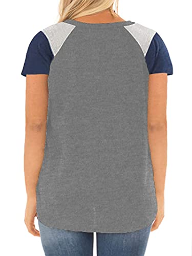 Plus Size Color Block Short Sleeve T Shirt For Women Crewneck Casual Tee Tops Grey 18W #TOP2