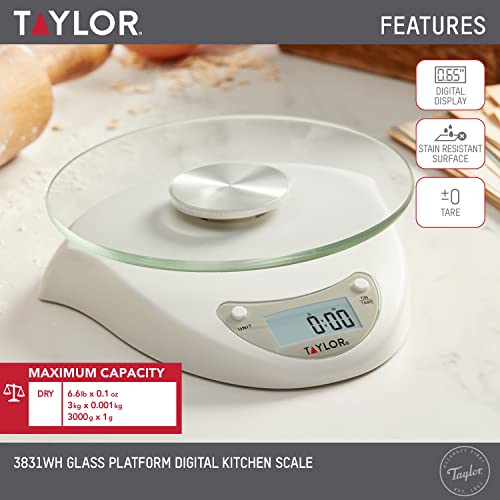 Taylor Precision Products Digital Kitchen Scale With Glass Platform, Tare Button, And Plastic Body Weighs Up To 6.6 Pounds Capacity #TOP2