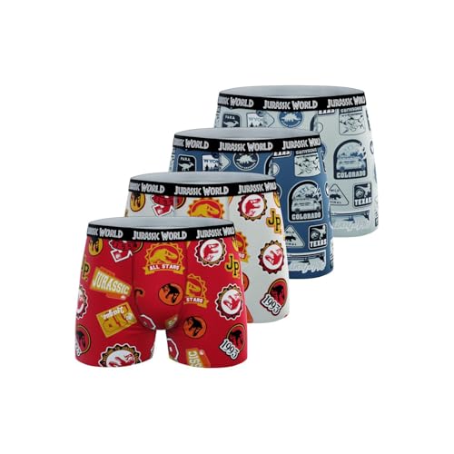 Jurassic World Boxer Infantil 100% algodón, Calzoncillos para niño Suave, Agradable y Natural (Juego de 4), Blanco/Azul/Rojo/Negro/Amarillo, 8-10 años
