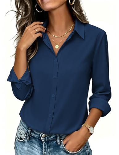Zeagoo Button Up Shirt Women Long Sleeve Navy Blue Button Down Blouses Casual Business Tops Work Outfit Fall Clothes S