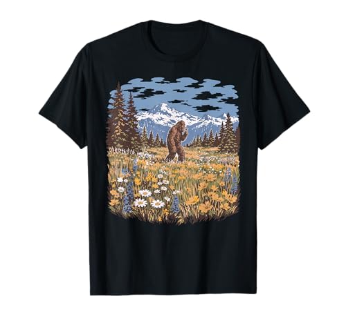 Bigfoot Daisy Flower Vintage Sasquatch Forest Nature Outdoor T-Shirt