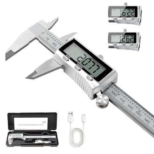 Digitaler Messschieber 150mm Edelstahl, USB-C Wiederaufladbar, IP54 Schutz, ±0,02 mm Präzision, Schieblehre mit Beleuchtetem LCD-Display, mm/Zoll