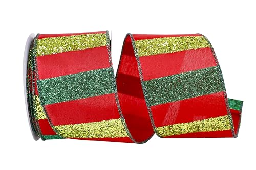 Reliant Ribbon 93667W-985-40F Bold Glitter Bar Stripe Wired Edge Ribbon, 2-1/2 Inch X 10 Yards, Red/Green