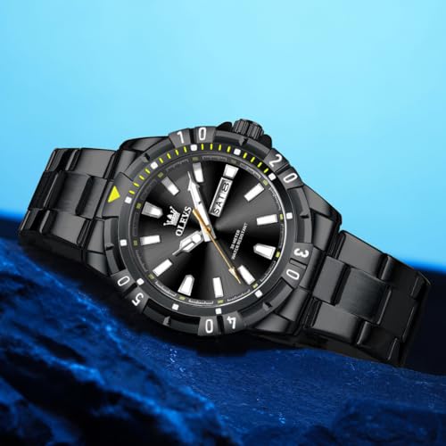 OLEVS Watch for Men Gold Black with Large Face Easy-Read Analog Quartz Date Luxury Stainless Steel Band