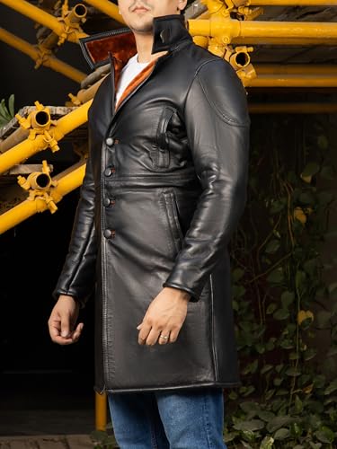 Image of Jild Shearling Leather Trench Coat Men Stand Collar Warm & Stylish Real Lambskin Long Leather Jacket Men Coats Winter