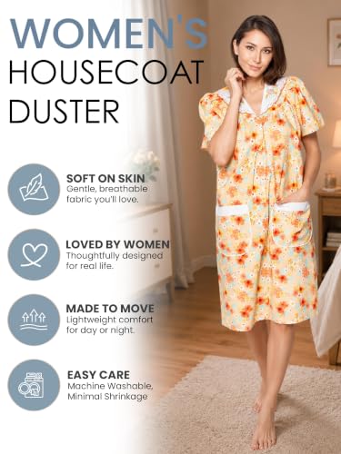 Image of Casual Nights Women's Snap - Front House Dress Short Sleeve Woven Housecoat Duster Lounger Robe with Pockets