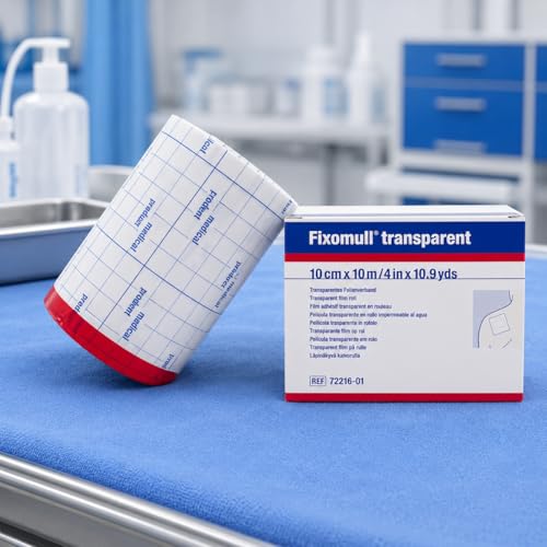 Image of Fixomull Transparent Adhesive Bandage Roll 10cm x 10m | Waterproof Clear Dressing Tape for Wounds & Tattoo Aftercare | Flexible Stretchable Medical Film | Breathable Skin-Friendly Bandage Roll
