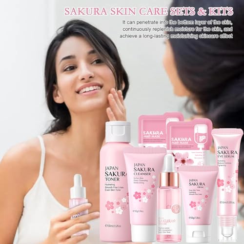 Fashion Base Skin Care Set Sakura Women Beauty Gift Sets Korean Skin Care Kit- Cleanser,Serum,Face Cream,Toner,Eye Cream,Mud Mask-Skin Care Routine Kit (One Size, Cherry Blossom-StyleA-Bae Moisturizing) 7 pieces