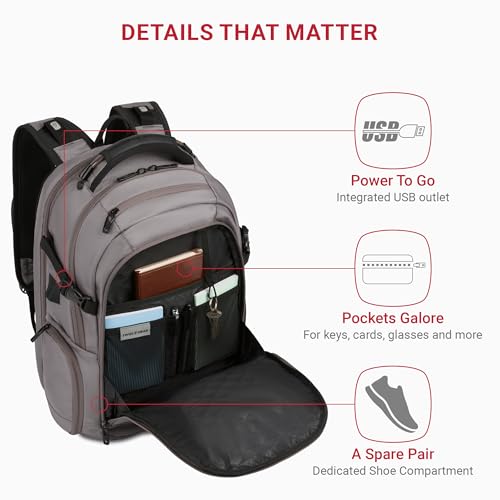 Image of SwissGear Travel Tech Elite Laptop Backpack - Fits Laptops up to 16 inch - ScanSmart TSA-Friendly Backpack with USB Port, Shoe Compartment & Organizer Pockets - Grey Ballistic