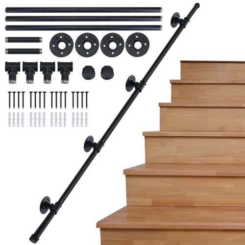 AMLOOPH Banister Handrails For Stairs 3m Hand Rails Stairs Black Bannister Rail For Stairs Handrail Wall Mounted Stair Banister Hand Rails With Fittings Non-Slip Handrails For Indoor Outdoor Steps