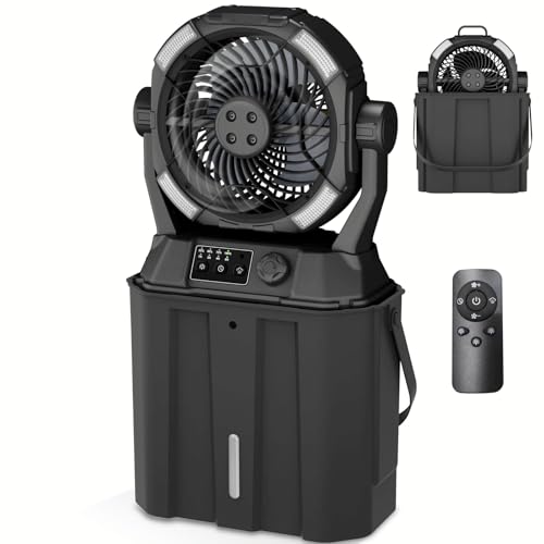 Wilody Portable Misting Fan Rechargeable with Remote Control, 6L Bucket Camping Fan with LED Lights & Stepless Speed Control & Cooling Mist, Portable Handle & Rotate Hook, Timer Function(Jet Black)