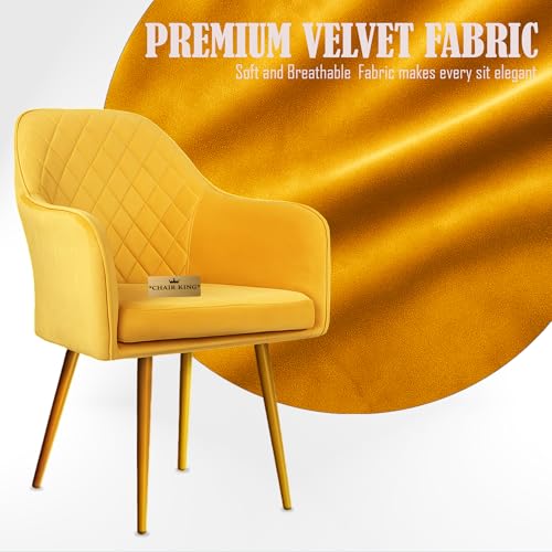 Image of Barfi Velvet Dining Chair | Set of 2 Premium Modern Upholstered Accent Chair with Armrest, Padded Seat and Metal Legs | Comfy Chair for Home, Office & Restaurents | (Yellow)