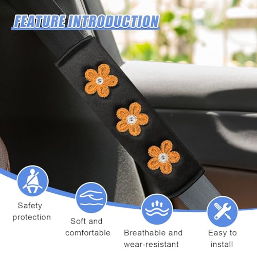 Image of 4PCS Daisy Flower Car Seat Belt Cover Pads, Protect Neck, Orange | Soft Breathable Auto Seat Shoulder Strap Pad, Comfortable Seatbelt Cushion, Vehicle Interior Decoration for Cars, Trucks