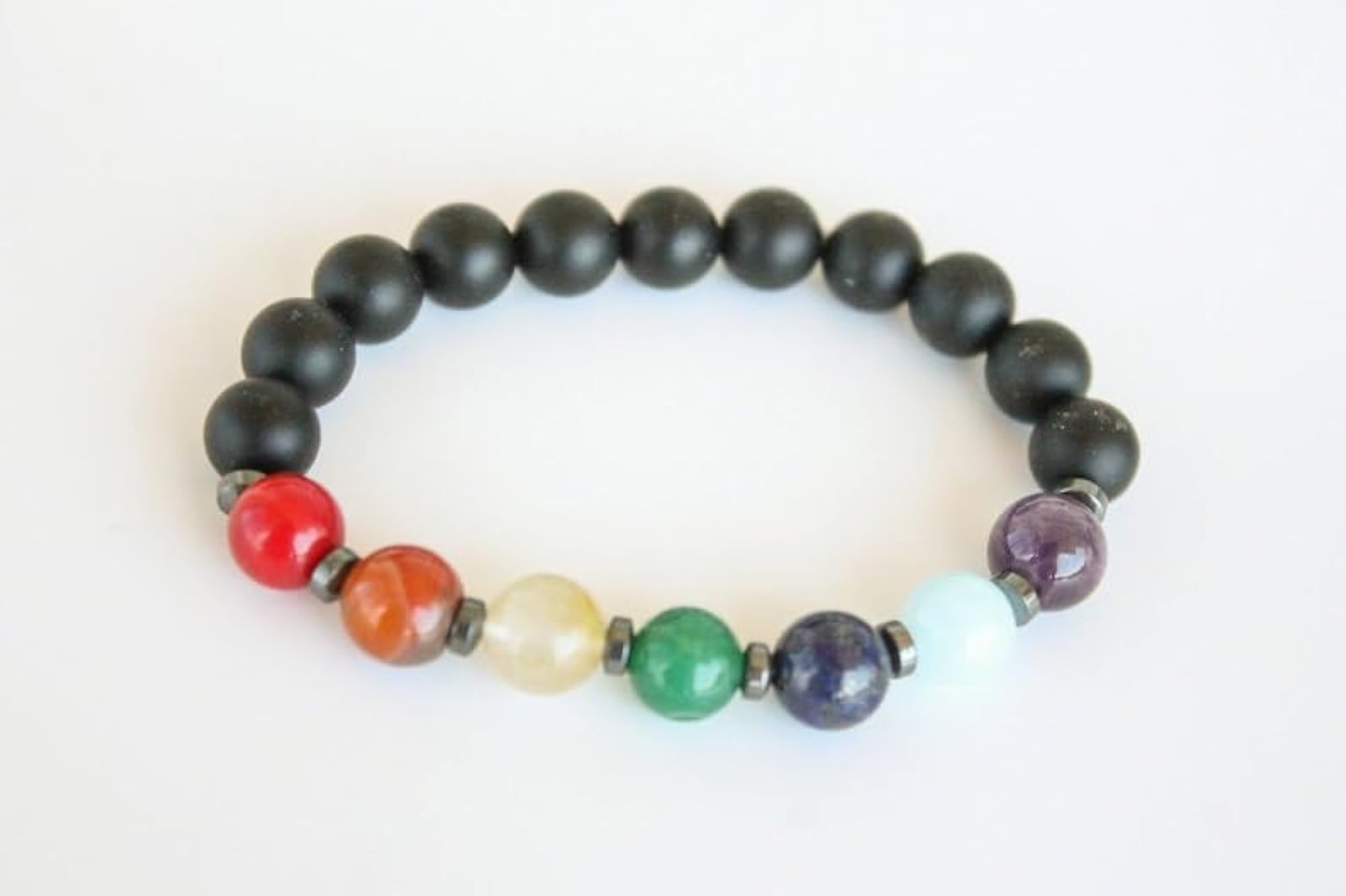 Natural 7 Chakra & Matte Black Onyx Gemstone Stretch Bracelet, Unisex