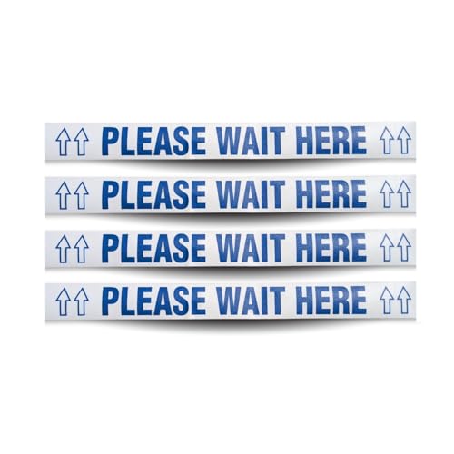 Please Wait HERE Floor Signs, Durable Queue Line Sticker for HIPAA, Patient Privacy, Store Checkout, Ticket Counter, Slip Resistant Safety Decal, (Pack of 4)