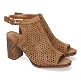 shoes&blues.es 90397 Sandalia de Tacon para Mujer, con Calados y Detalles de Costura, Punta y Talon Abiertos, y Cierre de Hebilla, Ideales para Primavera-Verano. Taupe Talla 38