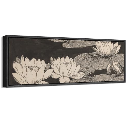 Image of MUDECOR Large Framed Canvas Print Wall Art Vintage Lotus Flower Line Art Botanical Black and Beige Antique Retro Ready to Hang Painting for Living Room Bedroom Multi-Sizes - 60 inchx20 inch