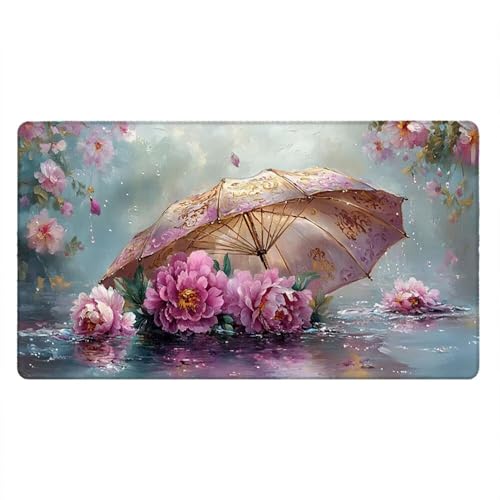 Alfombrilla Ratón XXL Alfombrilla Escritorio 1000x500mm Mouse Pad Mejora la Precisión y la Velocidad con Base de Goma Antideslizante y Bordes Cosidos Duradera, Juegos (Flor De PeoníA Paraguas) xR8-913