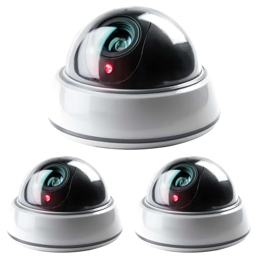 GAOUTO Lot de 3 caméras factices - Caméra de surveillance factice avec autocollants - Dôme transparent - Avec lumière LED rouge - Pour mur et plafond