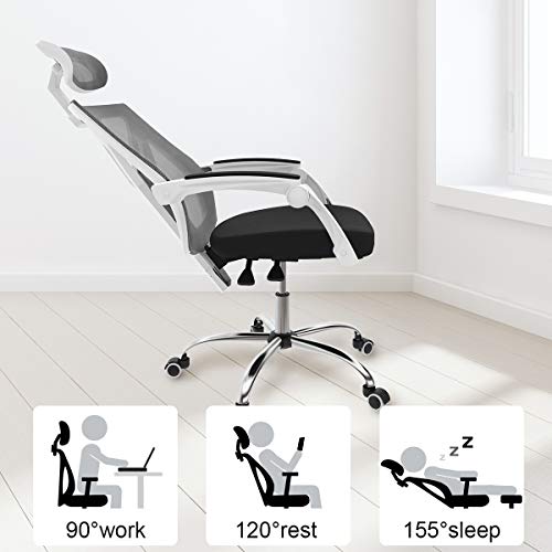 Hbada Ergonomic Home Office Chair - High-Back Desk Chair Racing Style with Lumbar Support - Height Adjustable Seat,Headrest- Breathable Mesh Back - Soft Foam Seat Cushion, White - Thumbnail 4