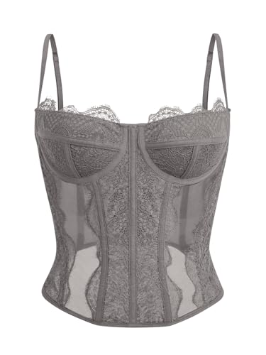 Image of Dealmore Corset Tops for Women Going Out Fall Fashion Crop Sexy Lace Outfit | Y2k Spaghetti Strap Tank, Date Night Mesh Bustier, Party Lingerie, Concert Club Festival Clothes, Trendy Cami