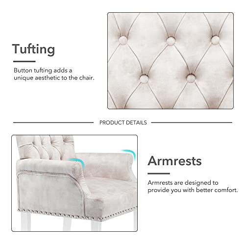 Loulens Luxurious Velvet Dining Chairs, Modern Upholstered Tufted Dining Room Chairs, Armrests Dining Chairs With Stainless Steel Leg For Kitchen, Dining, Living Room, Bedroom (Beige + Velvet) #TOP3