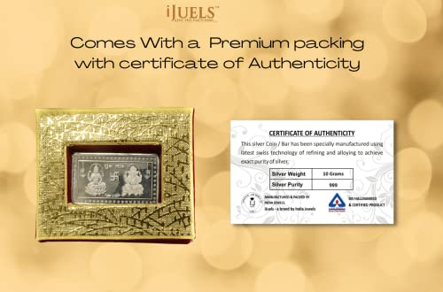 iJuels 999 Fine Silver BIS Hallmarked Rectangular 10gm Silver Coin/Bar. Gift Pack (10 Gram – 1 Piece)