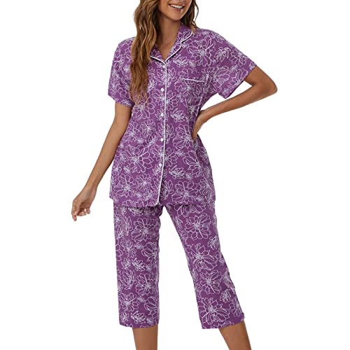 Image of Tugege Capri Pajamas Set Womens Button Down Short Sleeve Lounge Sets Sleepwear Notch Collar Top & Capri 2 Piece PJ Sets