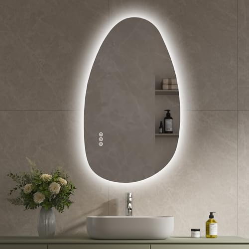 S'AFIELINA Specchio con illuminazione, asimmetrico LED da bagno, 85x50 cm, con interruttore touch, dimmerabile, 3 colori di luce regolabili, senza appannamento, specchio da bagno con illuminazione