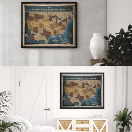 Image of DECORARTS - Personalized Framed USA Push Pin Travel Map in Deep Blue, Balanced Vintage Explorer Style, Custom Name or Phrase, Blue Map Wall Decor Giclee Canvas for Living Room or Office, Made in USA