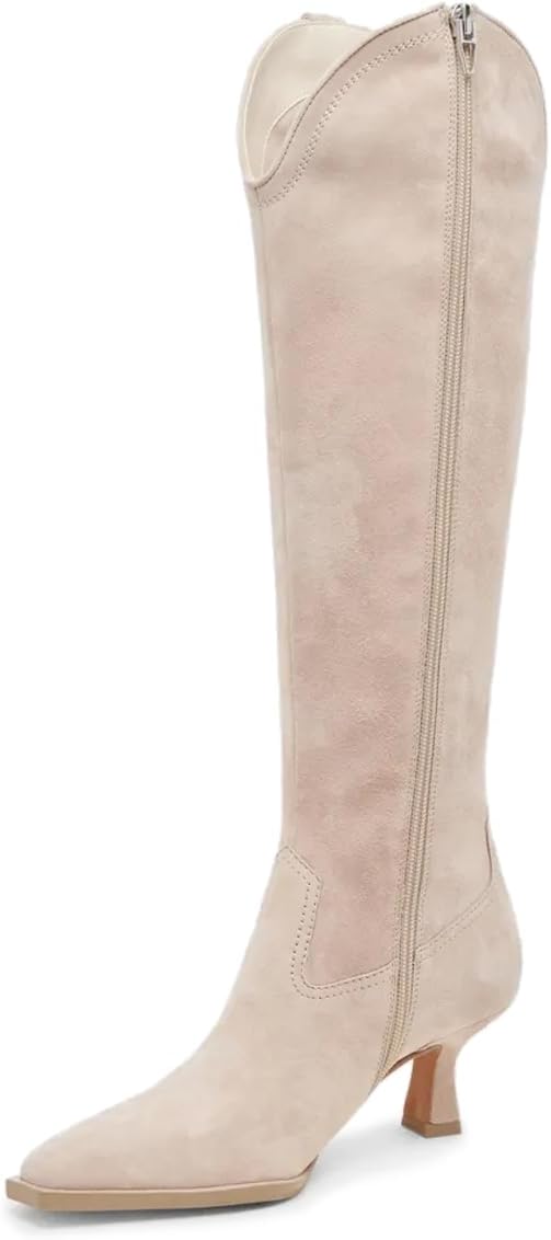 DOBOYG Knee High Boots for Women Kitten Low Heel Pointed Toe Tall Boots Suede Fall Winter Long Boots with Side Zipper