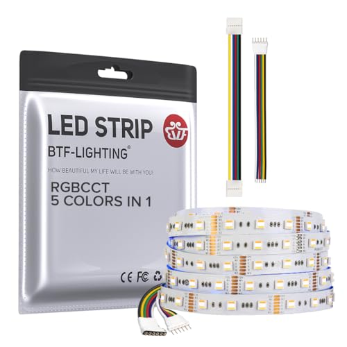 BTF-LIGHTING RGBCCT 5 Colors in 1 LED 5050SMD RGBWW RGB+Dimmable Tunable Color Temperature 2700K-6500K 16.4ft 60LEDs/m 300LEDs DC12V Multi-Colored Tape Lights IP30 White PCB(No Adapter or Controller)