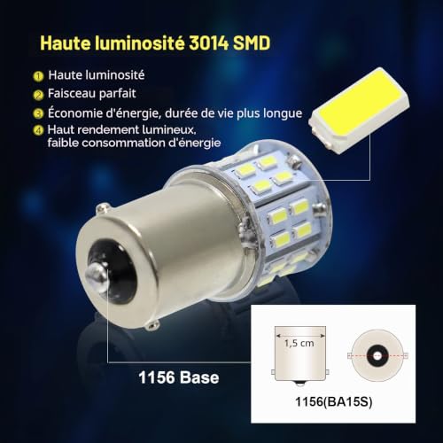 BeiLan 1156 BA15S P21W LED Ampoules 50SMD Auto Voiture RV DRL Feux de Jours Clignotants Lampe de Feu de Recul Blanc 6000K 12V 24V – vue 4