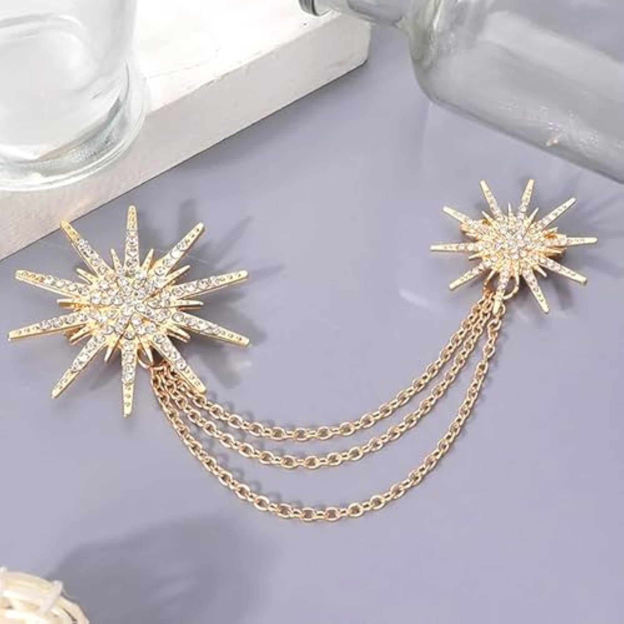 Cubic Zirconia Star Pattern Three Layer Chain Pin Brooch for Men