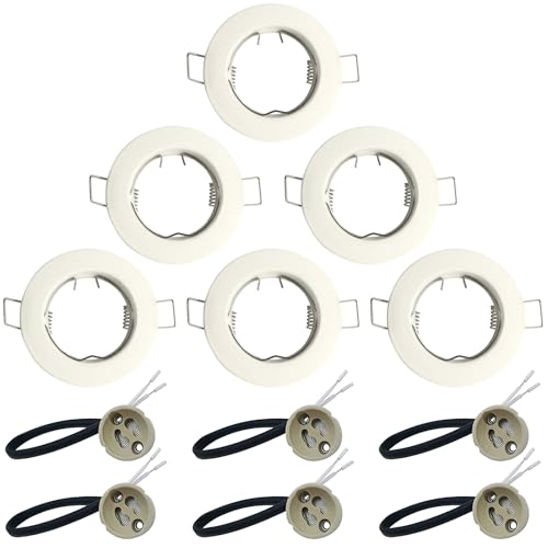KingYH 6 Pack Round Recessed Spotlights Downlight Bezel Trim Ring Fitting GU10 Light Mounting Frame with GU10 Lamp Holder for Ceiling Spotlight MR16 and 50 mm Bulb Halogen Light Fitting White