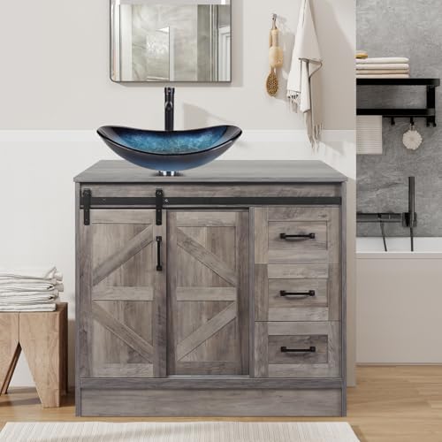 SOLIDEE 36 Inch Barn Door Bathroom Vanity, Farmhouse Style Standing
