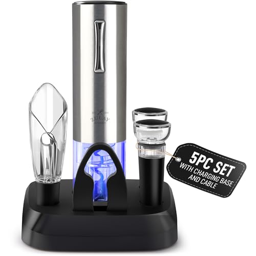Zulay Kitchen Electric Wine Opener 5-Piece Gift Set with Charging Base - Foil Cutter, Aerator & Pourer, Vacuum Stoppers - Automatic Wine Bottle Corkscrew Opener For Smooth & Fast Uncorking