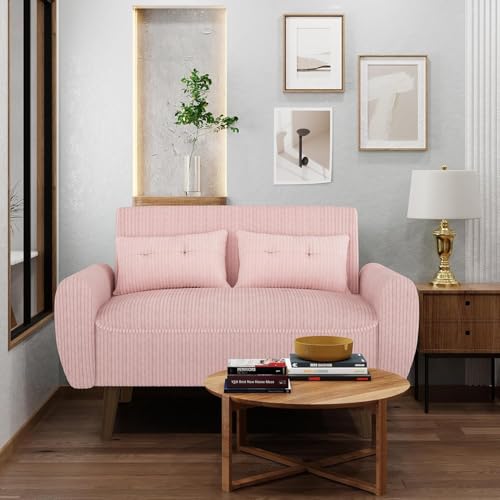 Image of Shintenchi 48'' Loveseat Sofa, Mid-Century Modern Upholstered Couch Deep Seat with 2 Pillows, 10 inch Thick Cushion with Spring, Solid Wood Frame Small Couch for Living Room, Bedroom, Dorms & Office, Pink