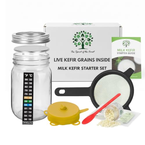 Original Live Milk Kefir Grains Starter Kit for Almond, Whole or Coconut Milk with Active Probiotic Cultures, Jar, Fermentation Lid, Spoon, Thermometer & Strainer by The Spirit Of The Forest