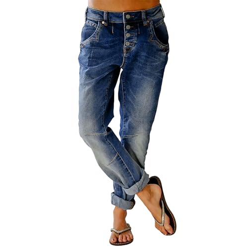 Women's Stretchy Straight Leg Casual Low Rise Jeans Wash Button Fly Stitch Detail 90s Trendy Denim Jeans