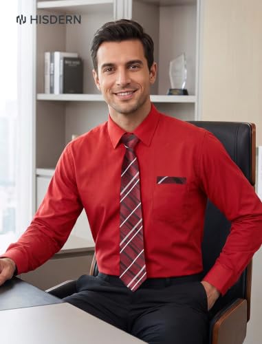 Image of HISDERN Mens Dress Shirt with Tie Pocket Square Set Classic Button Down Shirt Matching Tie Long Sleeve Shirts