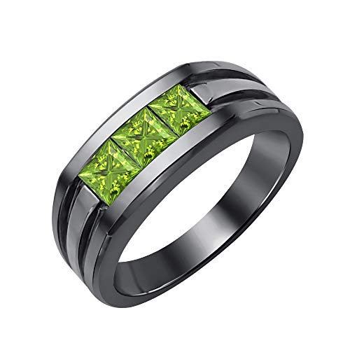 HITANSHU JEWEL Princess Cut Green Peridot Three Stone Gemstone 14K Black Gold Finish 925 Sterling Silver Engagement Wedding Band Ring for Men 6.5