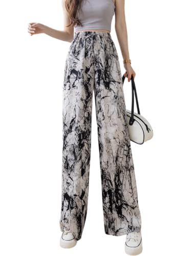 Image of Celary Women's Printed Palazzo Pants - Silk Blend High Waist Wide Leg Trousers | Elastic Waist Relaxed Fit Casual Flowy Pants for Travel, College, Office