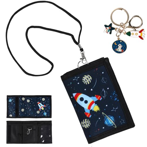 Geldbeutel Kinder, Brustbeutel Kinder, Geldbörse mit Schlüsselanhänger, Weltraum Geschenke Jungen, Faltbare Weltraum Elemente Portemonnaie, Geldtasche Geschenke für Jungen und Mädchen(Rakete)