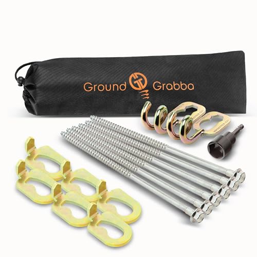 GroundGrabba Junior Camping Kit | Stakes (6), Pigtail Hooks (2), Hex Driver (1), Fangs (6), Medium Drawstring Bag (1)