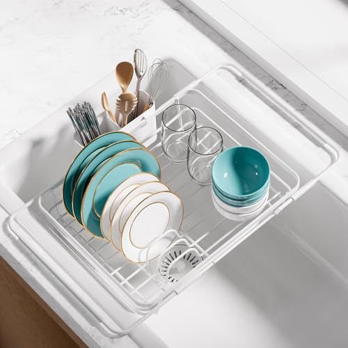 Sakugi Extendable Dish Drying Rack Over Sink with Dish Drainer, Sink Organization and Storage Essentials with Silverware & Utensil Holder, Home and Apartment Decor, 12" W x 16.1~23" L, White by Sakugi - Used condition - US$24.13