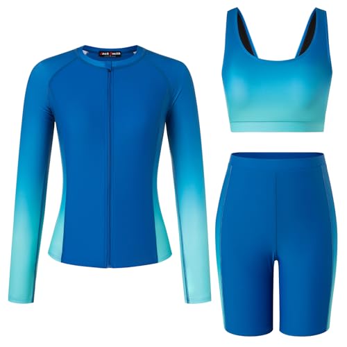 Image of JACK SMITH Women's 3 Piece Long Sleeve Rash Guard Swimsuits Zip Front Bathing Suit Tankini Swimsuits UPF 50