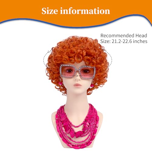Image of Women Roper Curly Orange Red Cosplay Wig with Necklace Earrings and Sunglasses for Women Hallween Costume Wig